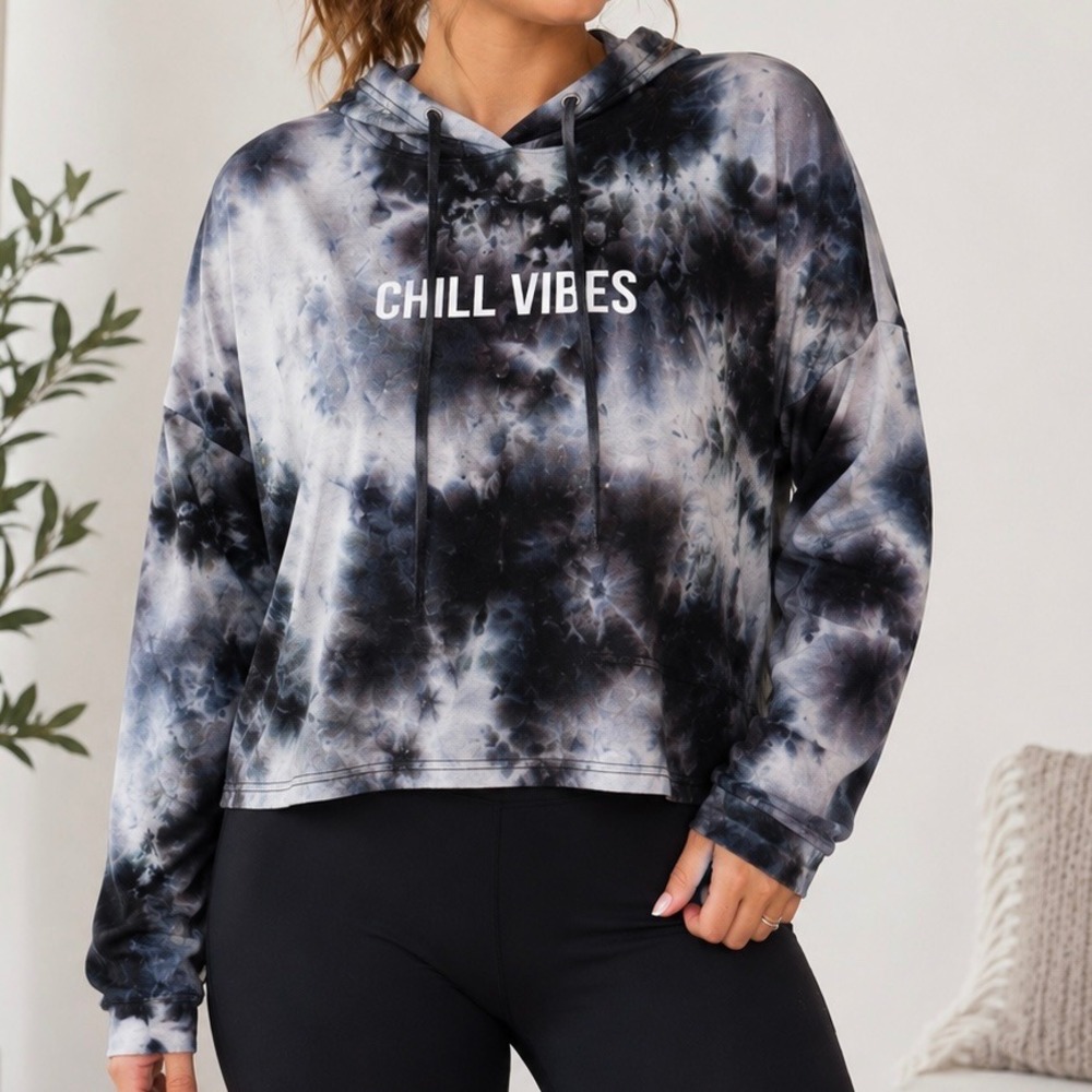 Riley & James Women's Large Black Gray Tie Dye Chill Vibes Cropped Hoodie Lounge